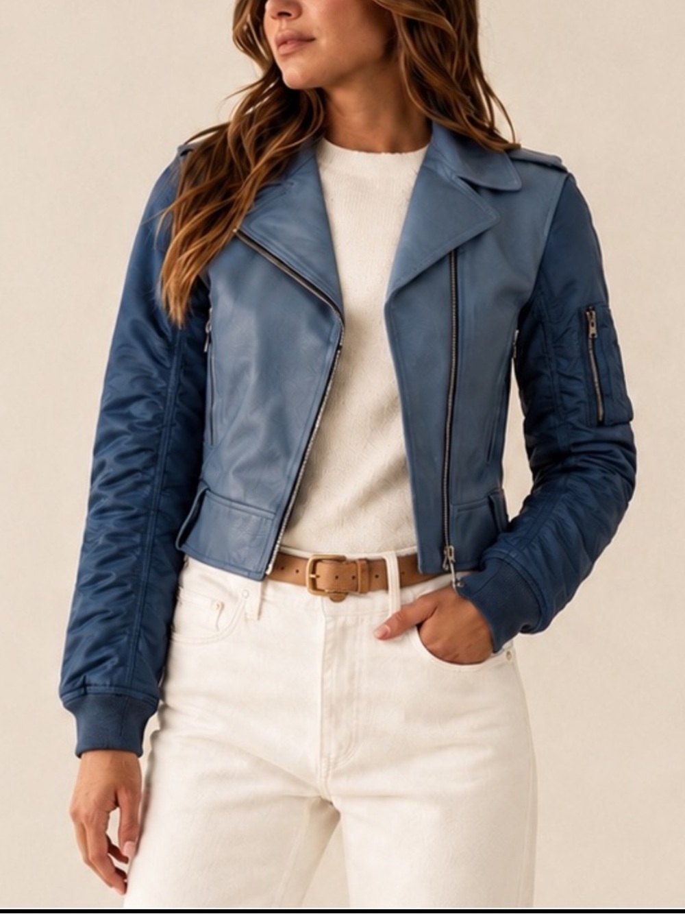 SANDRO PARIS Blue Satin-sleeved leather jacket Size 1